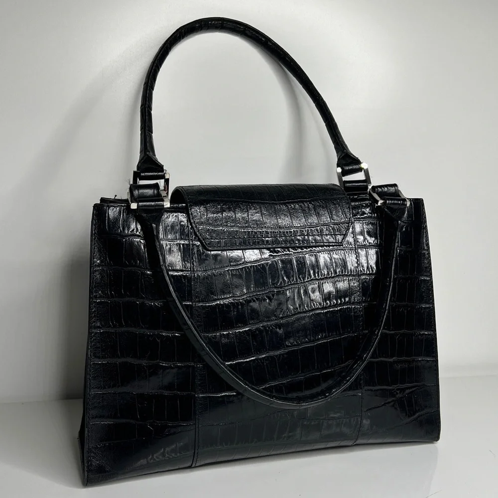 Bloomingdale’s Black Croc Embossed Leather Double Compartment Handbag